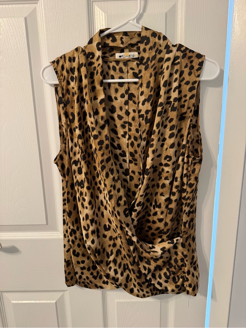 Calvin Klein Tan and Black Leopard-Print Sleeveless Drape Top - Picture 1 of 3